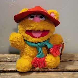 Vintage Fuzzy Bear Plush with Red Hat and Scarf